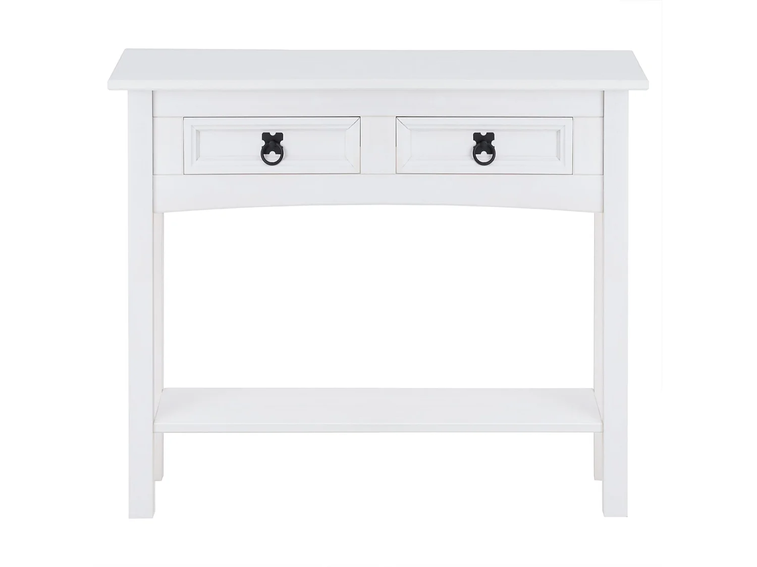 Table console RURAL table d'appoint en pin massif blanc avec 2 tiroirs et 1 étagère, meuble d'entrée style rustique en bois