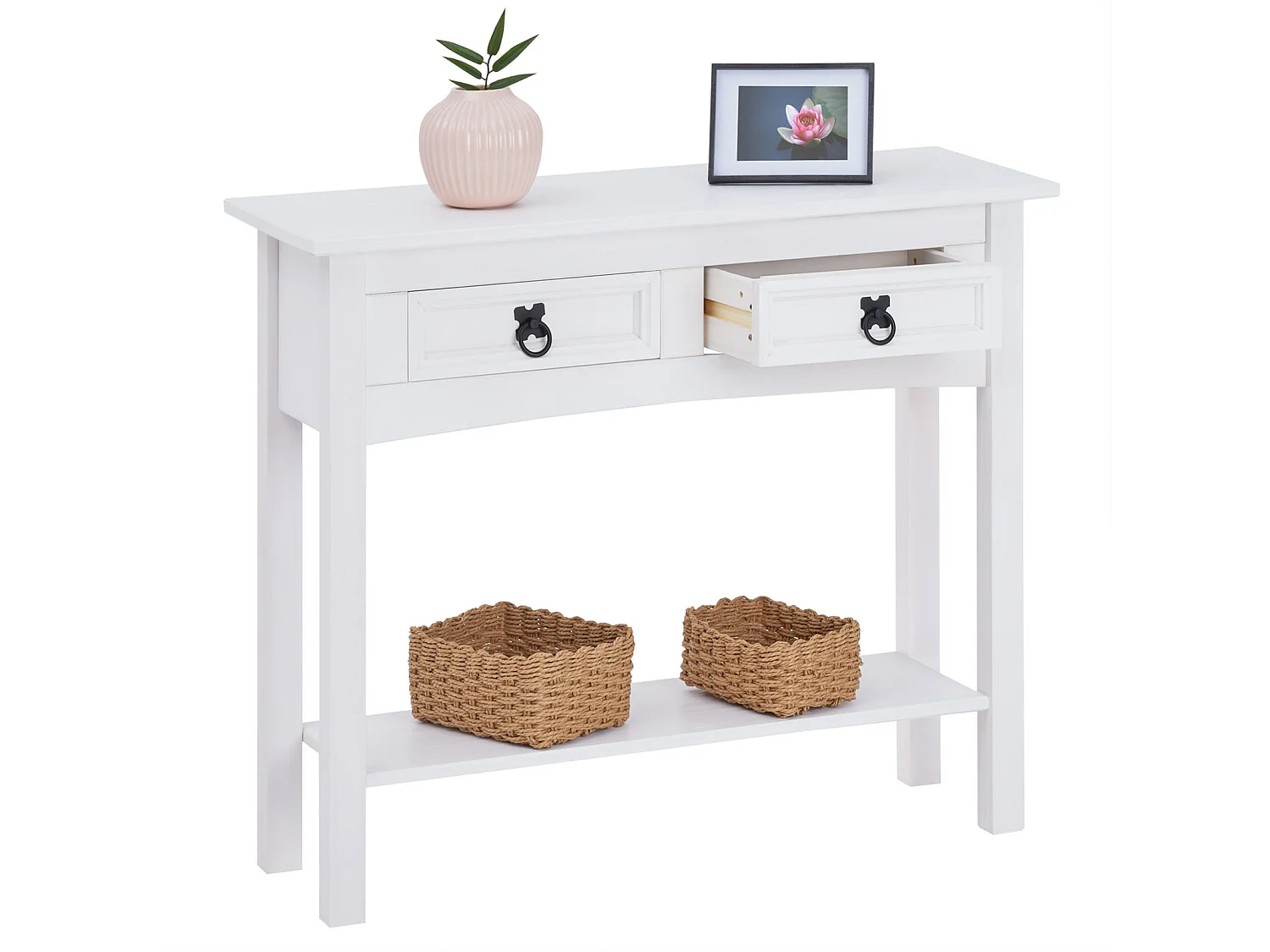 Table console RURAL table d'appoint en pin massif blanc avec 2 tiroirs et 1 étagère, meuble d'entrée style rustique en bois