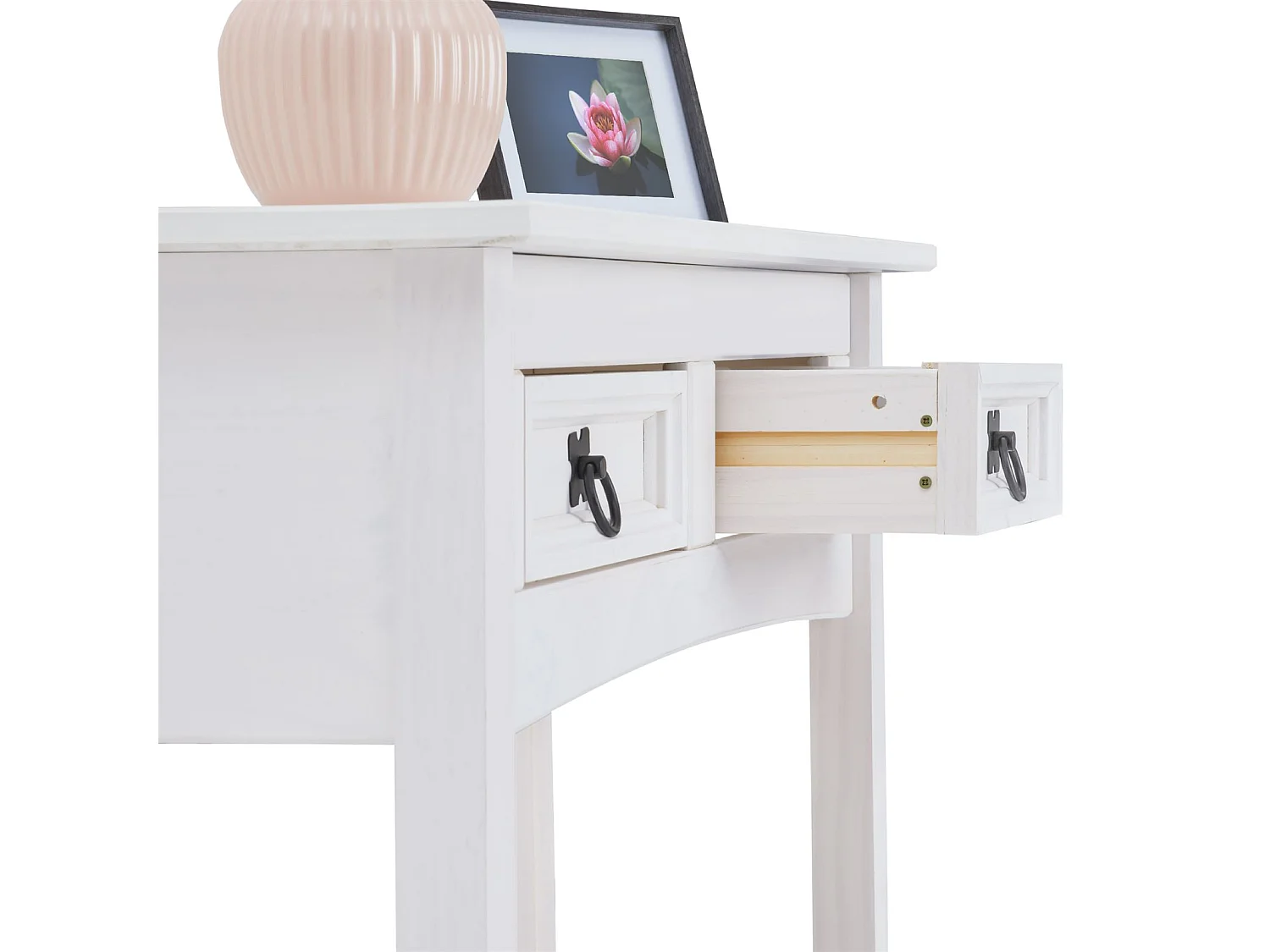 Table console RURAL table d'appoint en pin massif blanc avec 2 tiroirs et 1 étagère, meuble d'entrée style rustique en bois