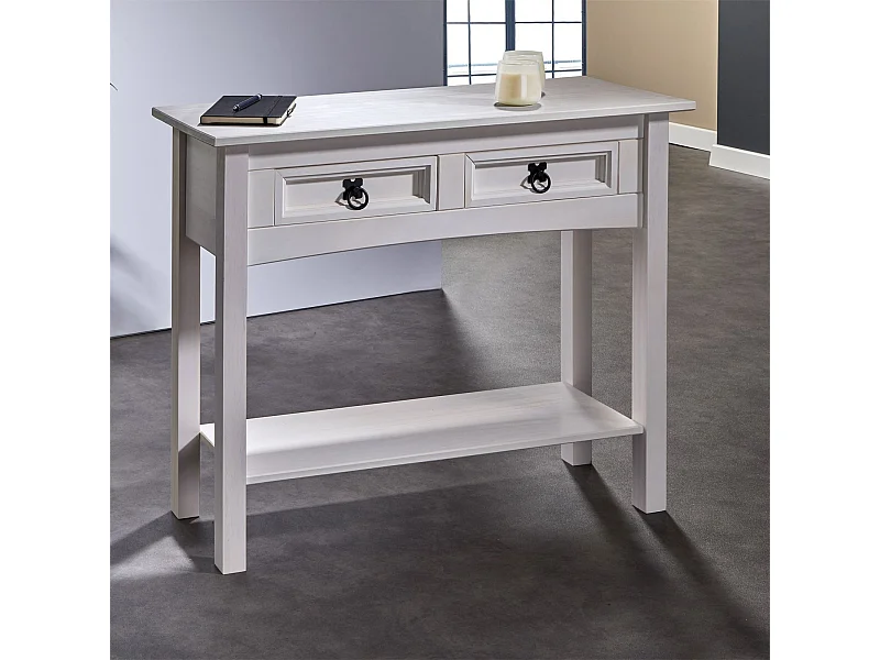 Table console RURAL table d'appoint en pin massif blanc avec 2 tiroirs et 1 étagère, meuble d'entrée style rustique en bois