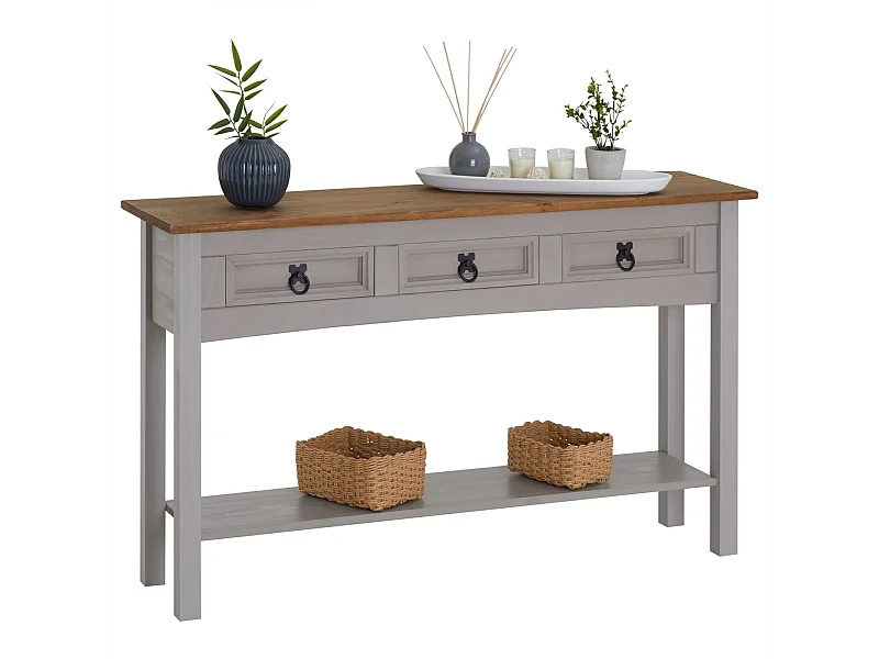 Table console RAMON table d'appoint rectangulaire en pin massif gris et brun avec 3 tiroirs, meuble d'entrée style mexicain en bois