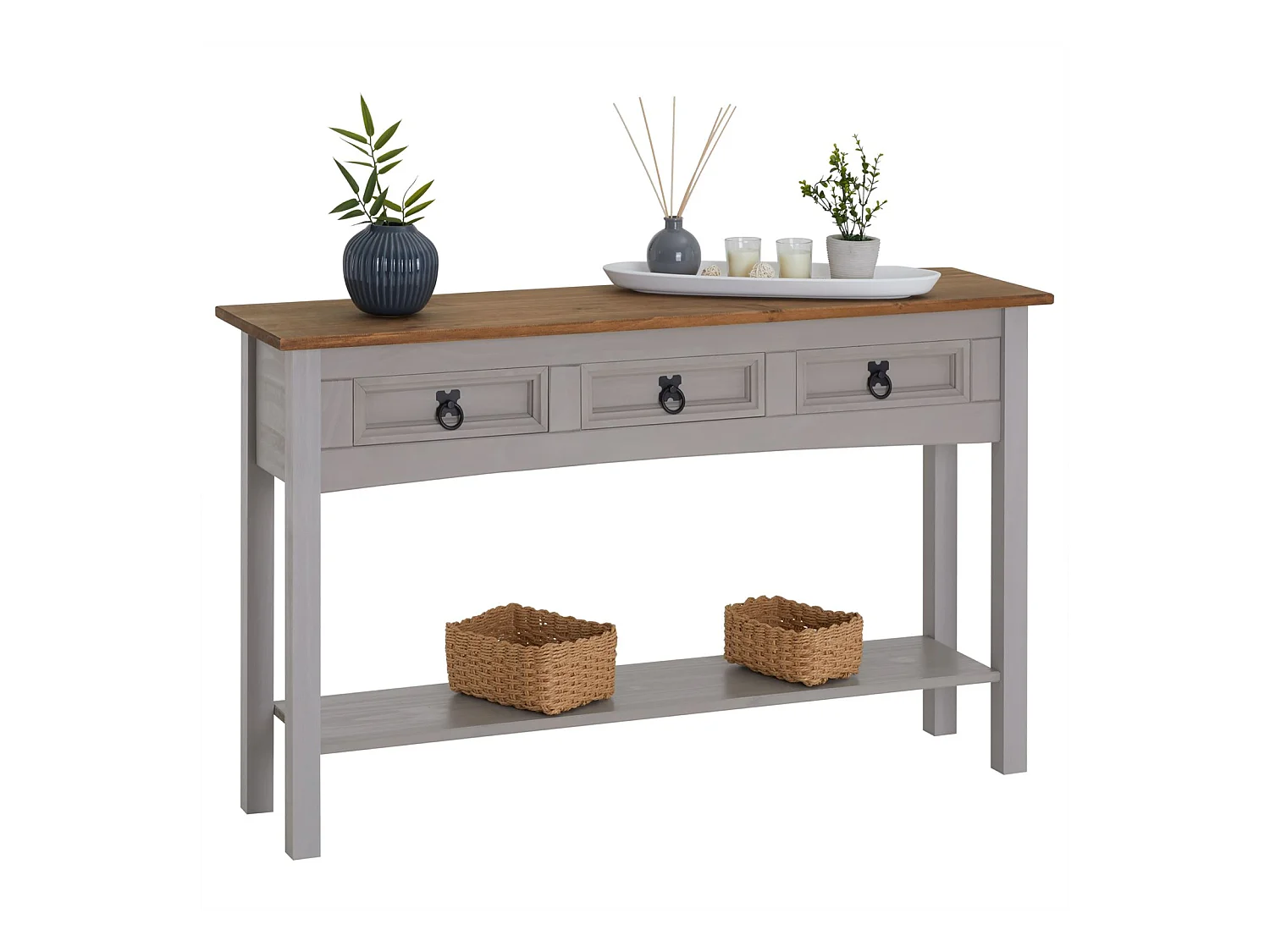 Table console RAMON table d'appoint rectangulaire en pin massif gris et brun avec 3 tiroirs, meuble d'entrée style mexicain en bois