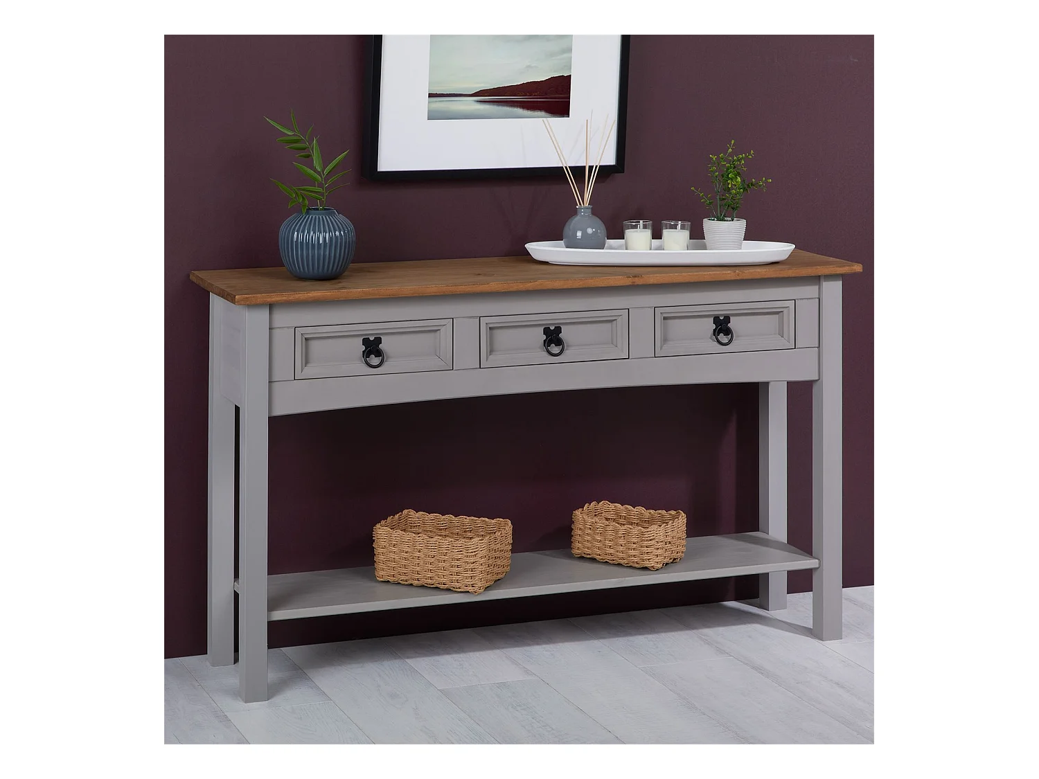 Table console RAMON table d'appoint rectangulaire en pin massif gris et brun avec 3 tiroirs, meuble d'entrée style mexicain en bois