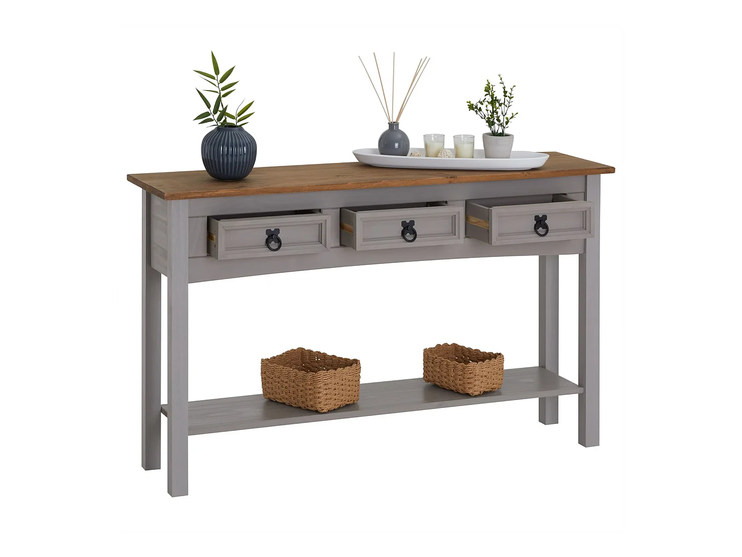 Table console RAMON table d'appoint rectangulaire en pin massif gris et brun avec 3 tiroirs, meuble d'entrée style mexicain en bois