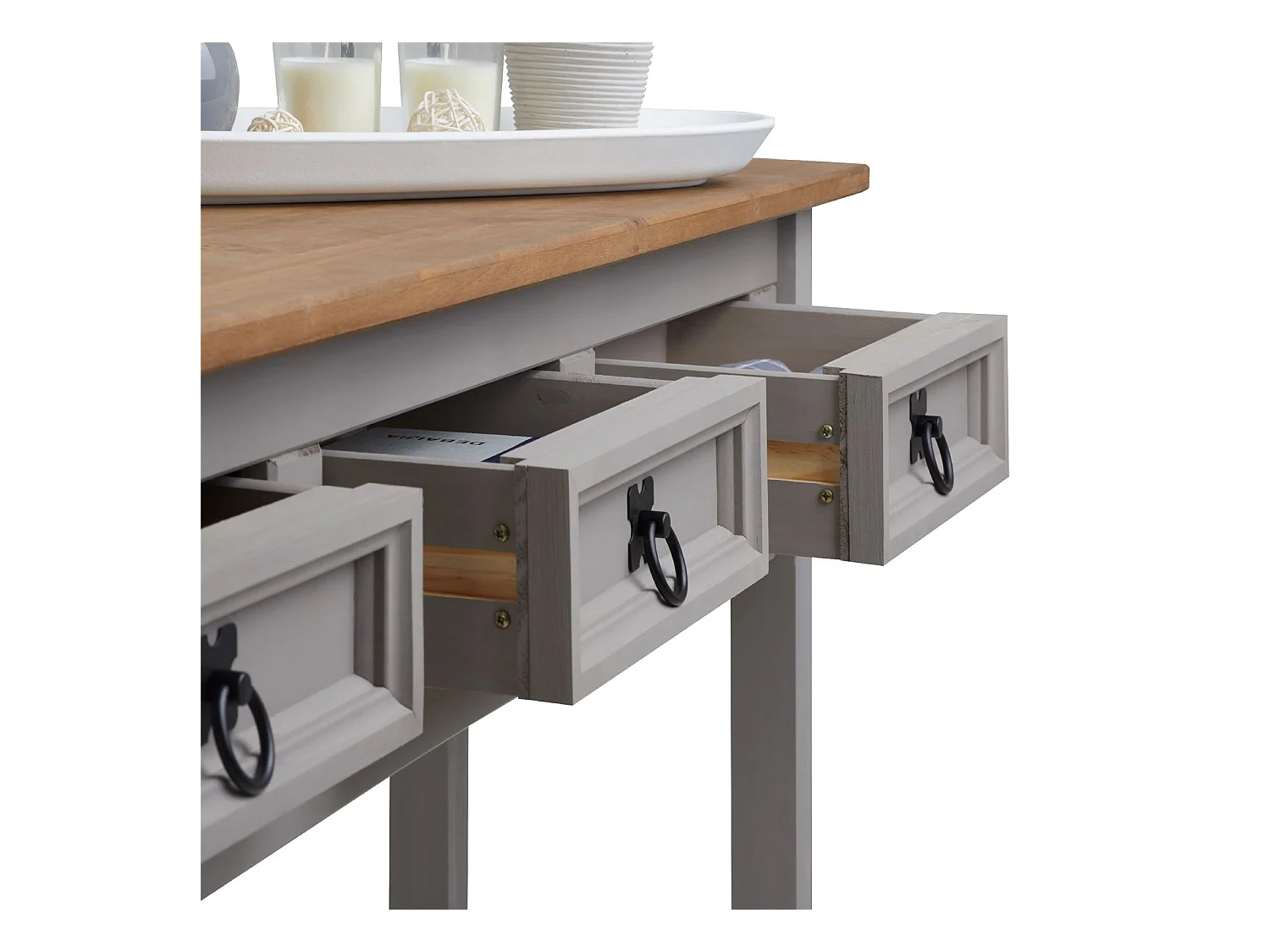 Table console RAMON table d'appoint rectangulaire en pin massif gris et brun avec 3 tiroirs, meuble d'entrée style mexicain en bois