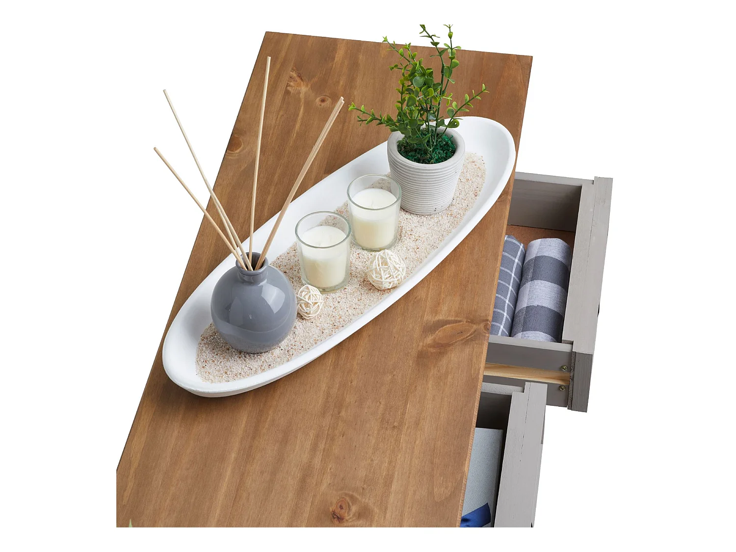 Table console RAMON table d'appoint rectangulaire en pin massif gris et brun avec 3 tiroirs, meuble d'entrée style mexicain en bois