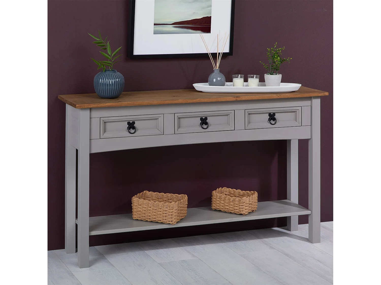 Table console RAMON table d'appoint rectangulaire en pin massif gris et brun avec 3 tiroirs, meuble d'entrée style mexicain en bois