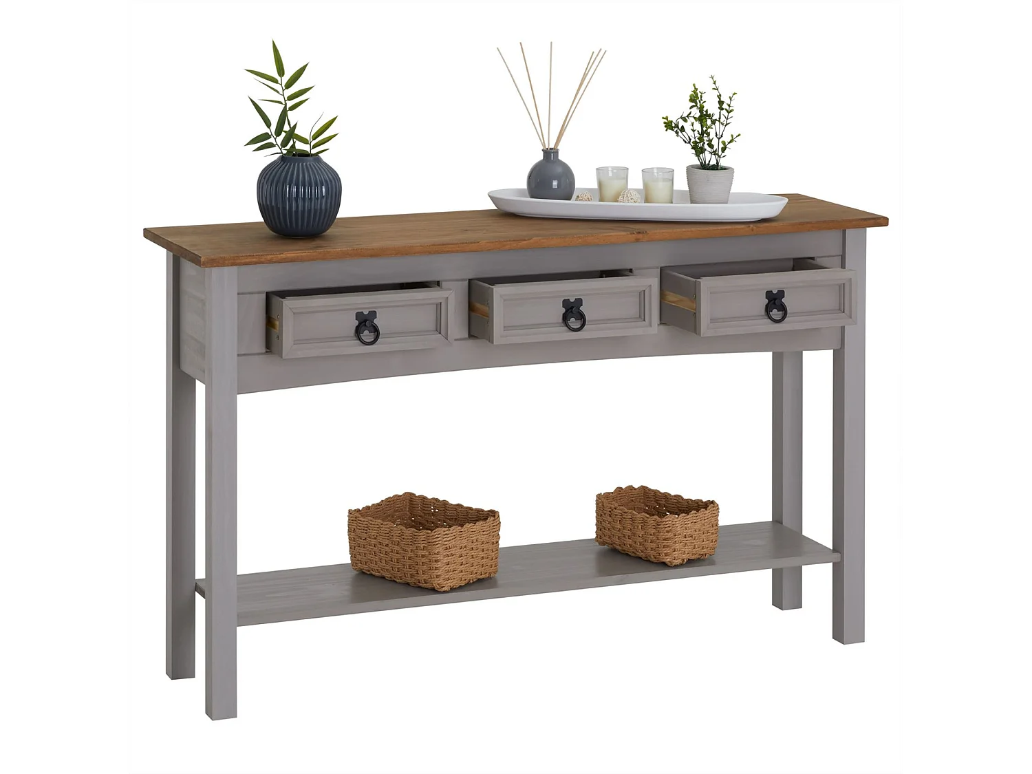 Table console RAMON table d'appoint rectangulaire en pin massif gris et brun avec 3 tiroirs, meuble d'entrée style mexicain en bois