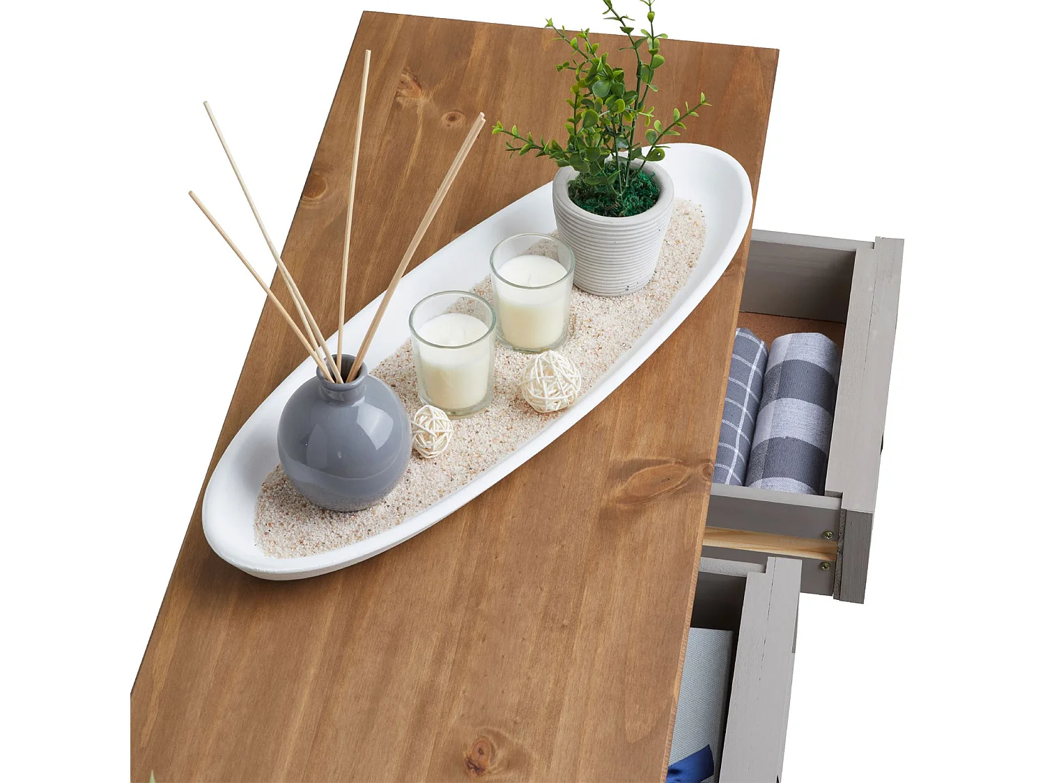 Table console RAMON table d'appoint rectangulaire en pin massif gris et brun avec 3 tiroirs, meuble d'entrée style mexicain en bois