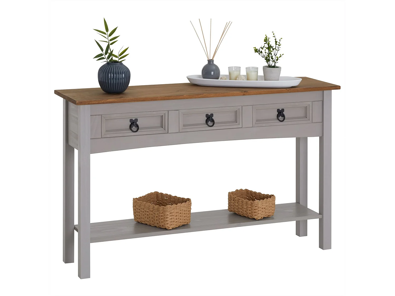 Table console RAMON table d'appoint rectangulaire en pin massif gris et brun avec 3 tiroirs, meuble d'entrée style mexicain en bois