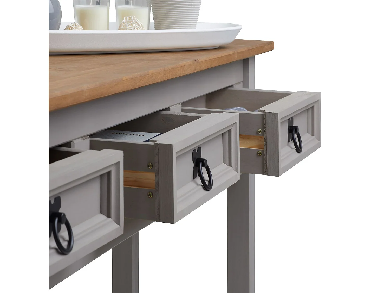 Table console RAMON table d'appoint rectangulaire en pin massif gris et brun avec 3 tiroirs, meuble d'entrée style mexicain en bois