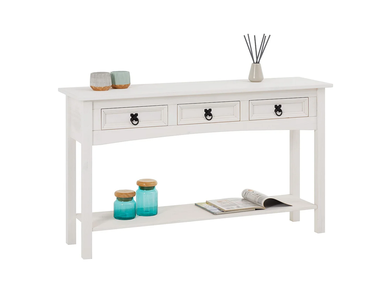 Table console RURAL table d'appoint en pin massif blanc avec 3 tiroirs et 1 étagère, meuble d'entrée en bois style rustique