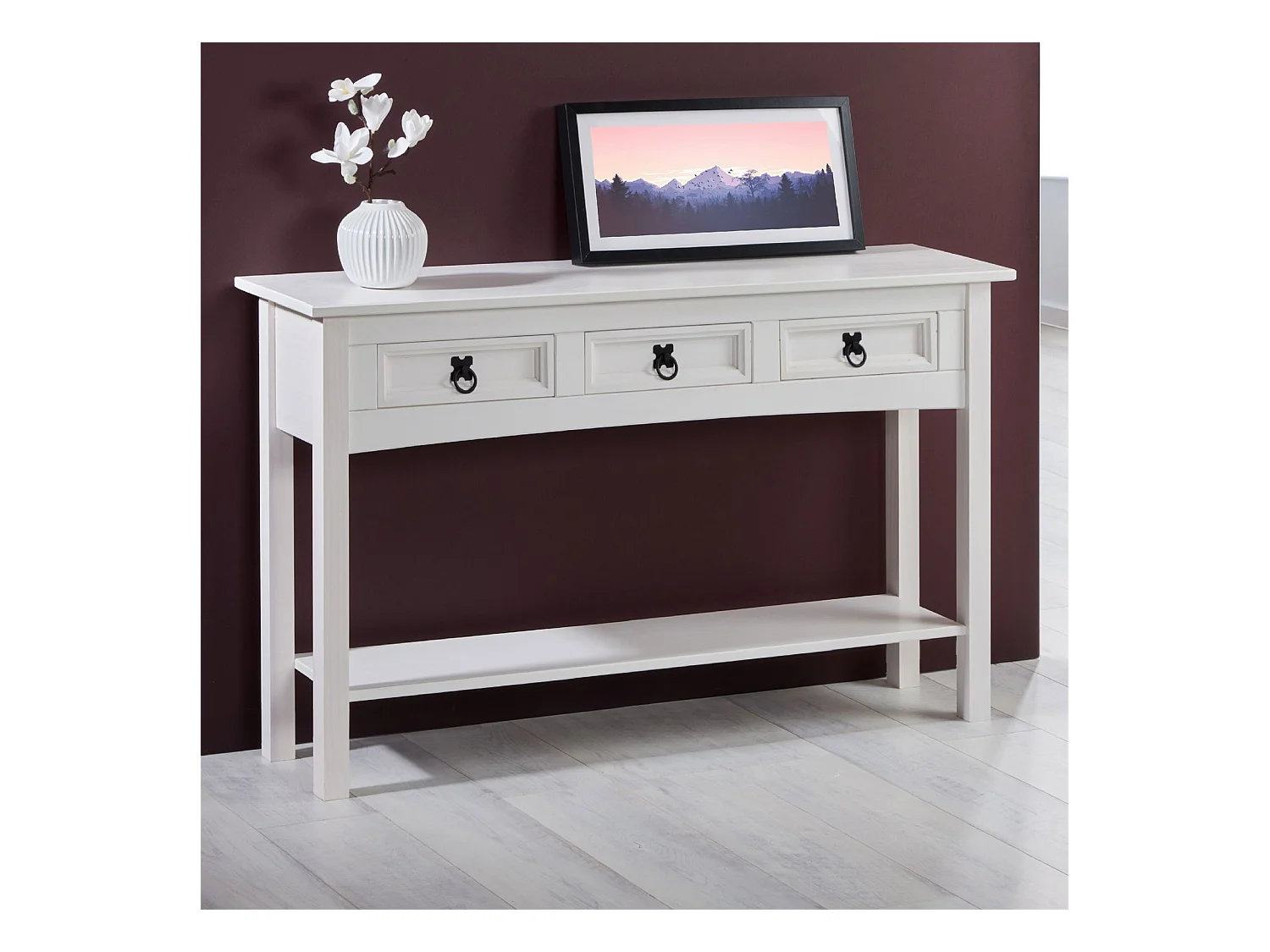 Table console RURAL table d'appoint en pin massif blanc avec 3 tiroirs et 1 étagère, meuble d'entrée en bois style rustique