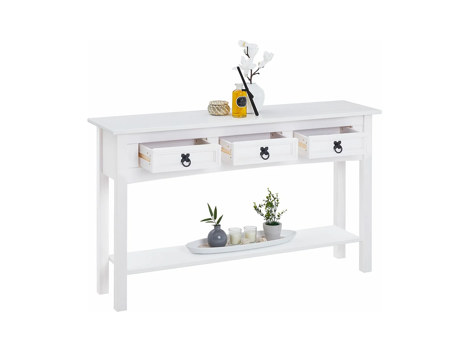 Table console RURAL table d'appoint en pin massif blanc avec 3 tiroirs et 1 étagère, meuble d'entrée en bois style rustique