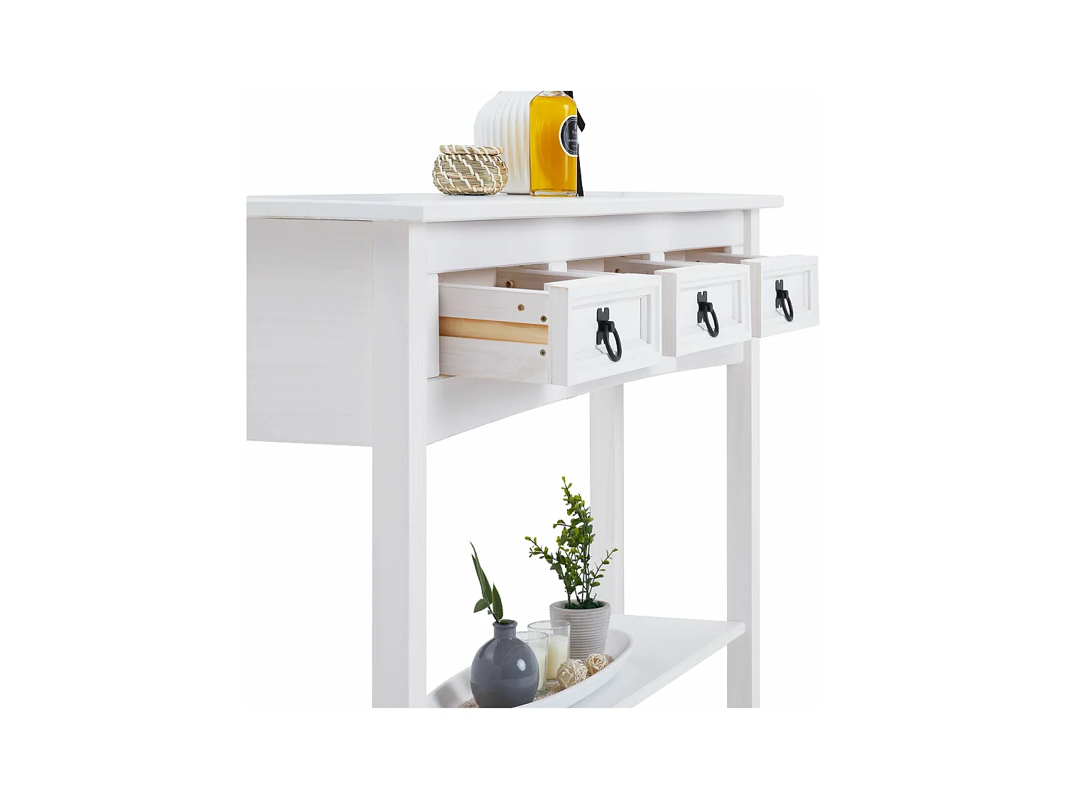 Table console RURAL table d'appoint en pin massif blanc avec 3 tiroirs et 1 étagère, meuble d'entrée en bois style rustique