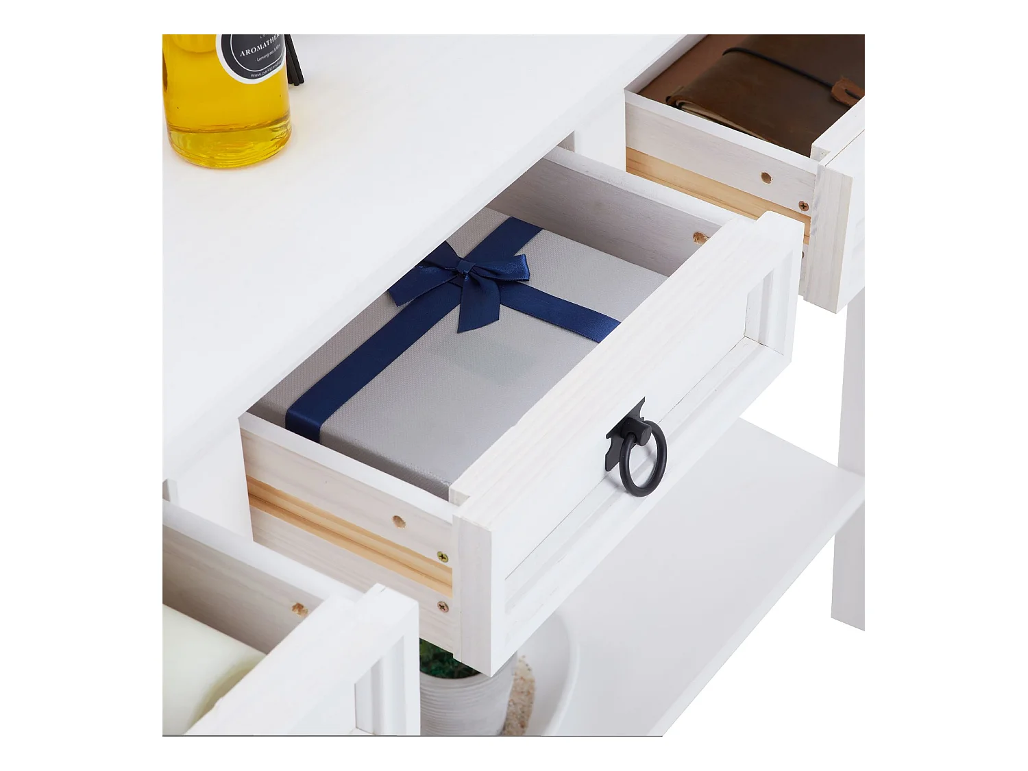 Table console RURAL table d'appoint en pin massif blanc avec 3 tiroirs et 1 étagère, meuble d'entrée en bois style rustique