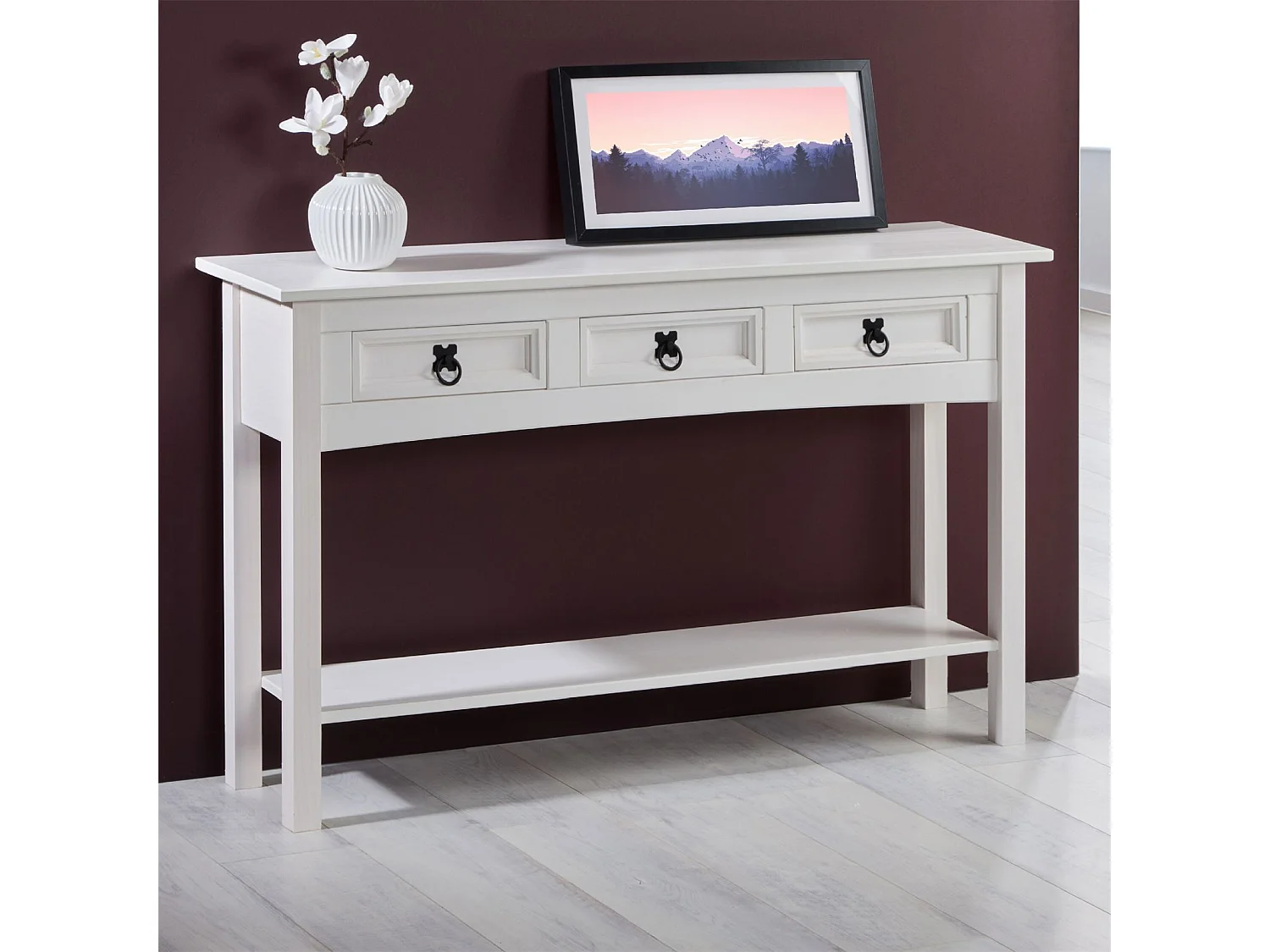 Table console RURAL table d'appoint en pin massif blanc avec 3 tiroirs et 1 étagère, meuble d'entrée en bois style rustique