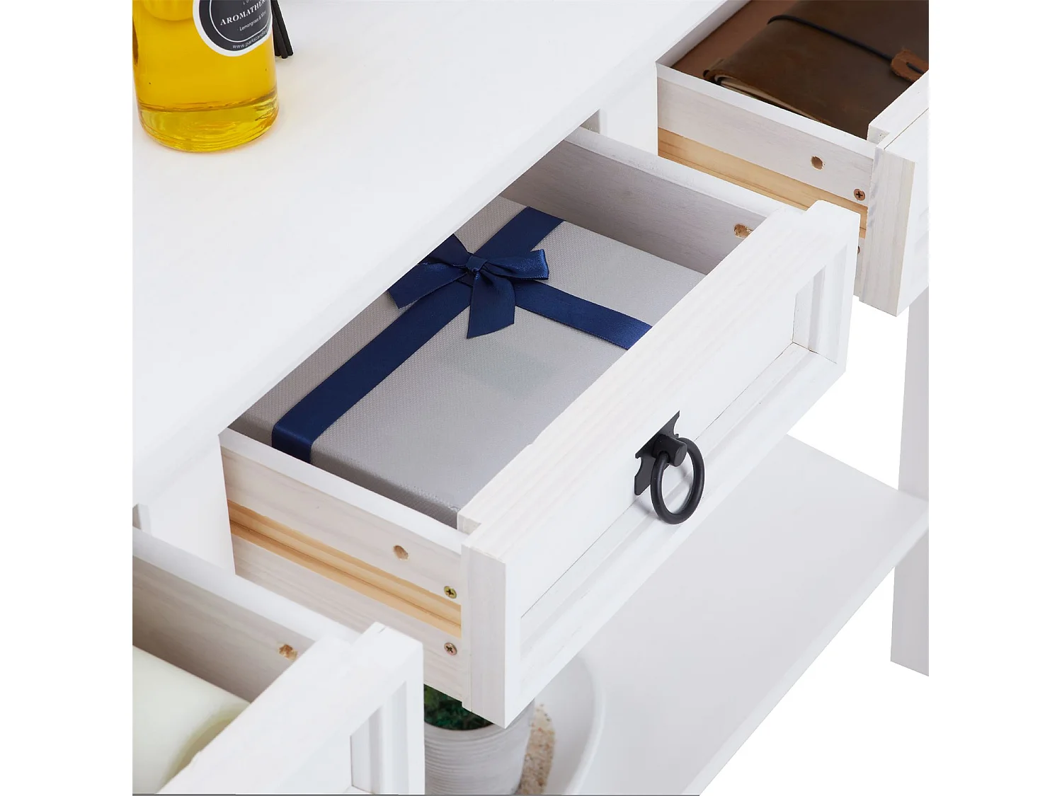 Table console RURAL table d'appoint en pin massif blanc avec 3 tiroirs et 1 étagère, meuble d'entrée en bois style rustique