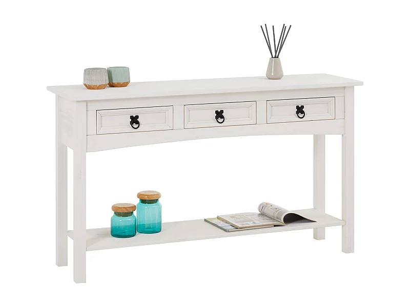 Table console RURAL table d'appoint en pin massif blanc avec 3 tiroirs et 1 étagère, meuble d'entrée en bois style rustique