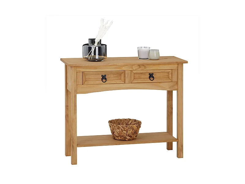 Table console SALSA table d'appoint en bois style mexicain avec 2 tiroirs et 1 étagère, en pin massif finition teintée/cirée