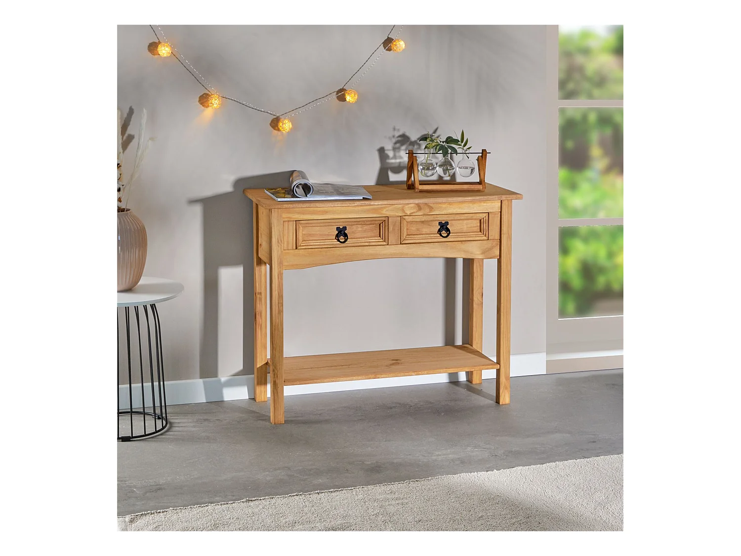 Table console SALSA table d'appoint en bois style mexicain avec 2 tiroirs et 1 étagère, en pin massif finition teintée/cirée