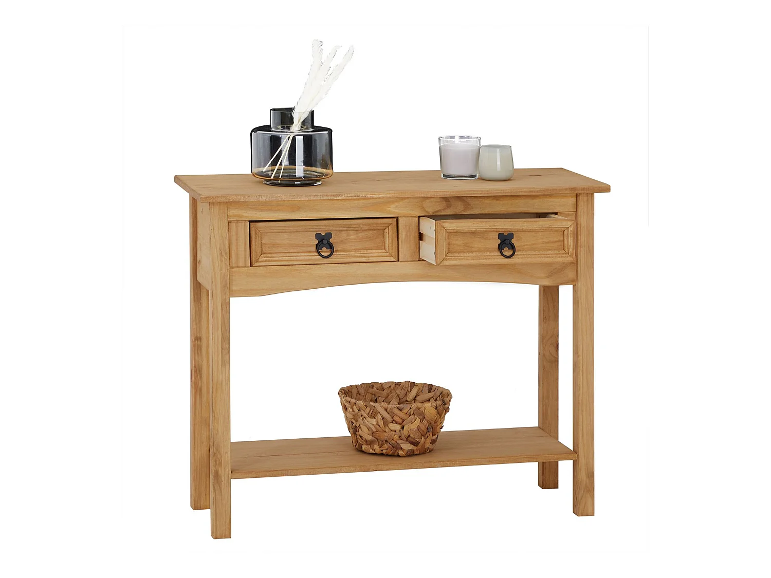 Table console SALSA table d'appoint en bois style mexicain avec 2 tiroirs et 1 étagère, en pin massif finition teintée/cirée