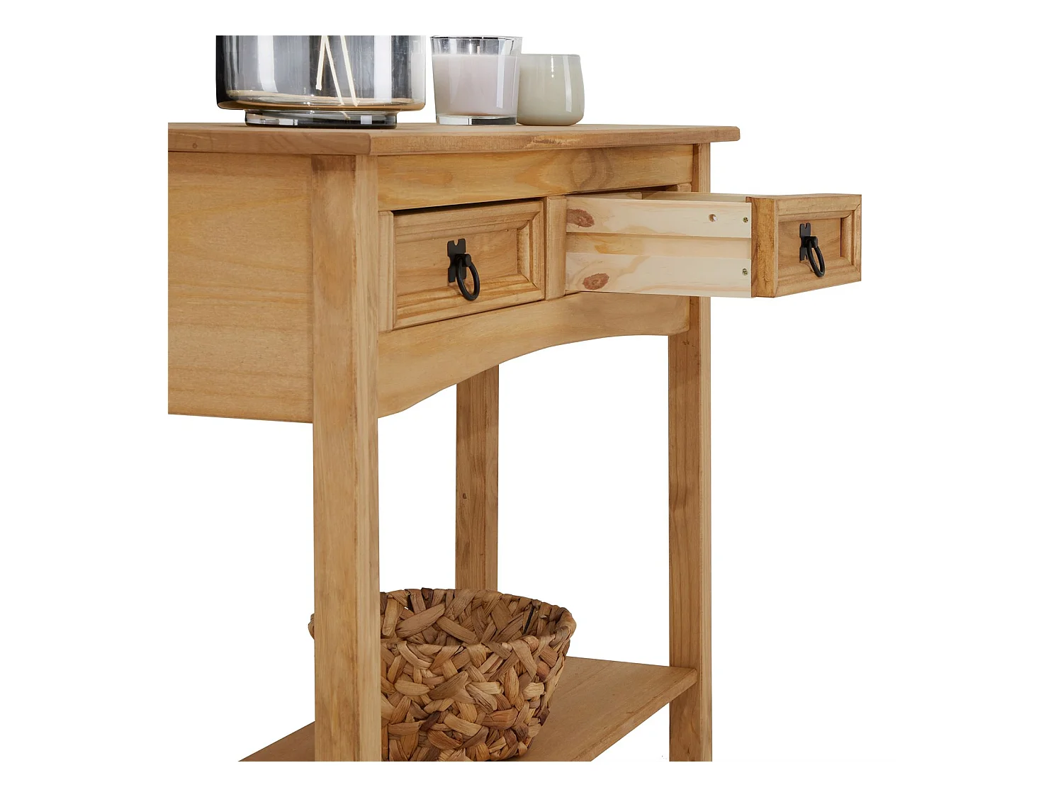 Table console SALSA table d'appoint en bois style mexicain avec 2 tiroirs et 1 étagère, en pin massif finition teintée/cirée