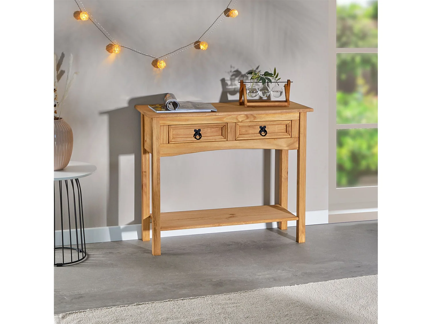 Table console SALSA table d'appoint en bois style mexicain avec 2 tiroirs et 1 étagère, en pin massif finition teintée/cirée