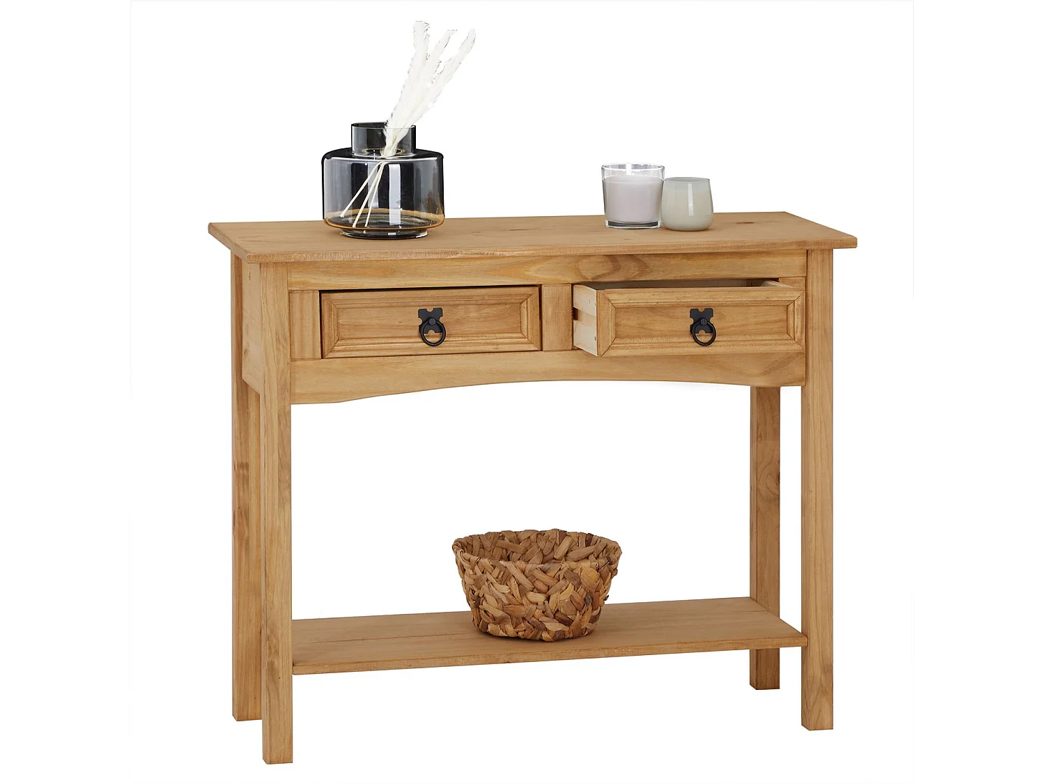 Table console SALSA table d'appoint en bois style mexicain avec 2 tiroirs et 1 étagère, en pin massif finition teintée/cirée