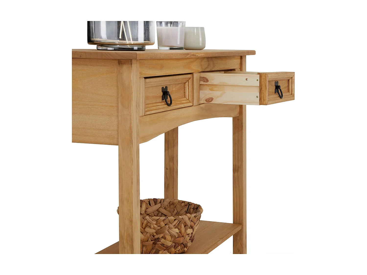 Table console SALSA table d'appoint en bois style mexicain avec 2 tiroirs et 1 étagère, en pin massif finition teintée/cirée