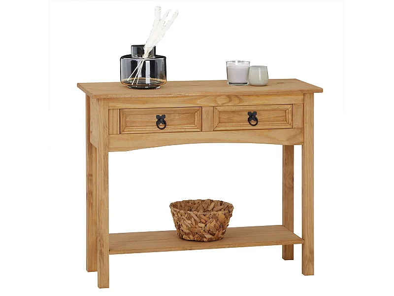 Table console SALSA table d'appoint en bois style mexicain avec 2 tiroirs et 1 étagère, en pin massif finition teintée/cirée
