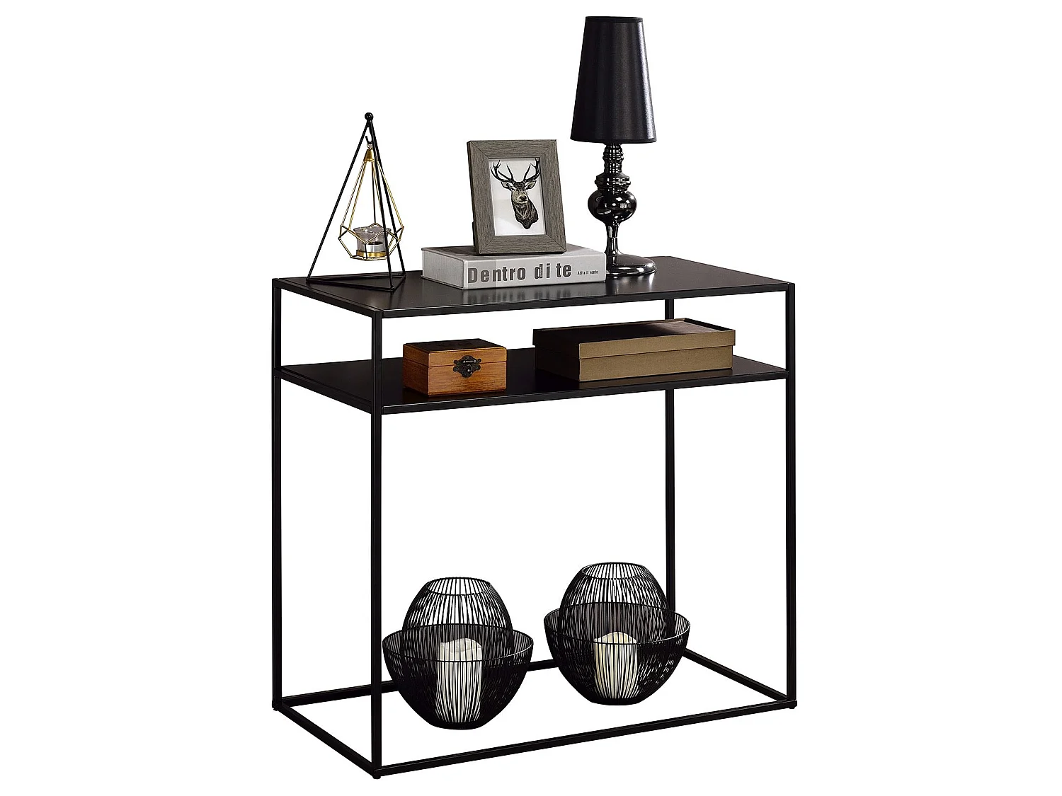 Table console GONZALO avec 2 étagères, table d'appoint avec cadre et plateau en métal laqué noir, table d'entrée dim 80x77x40 cm