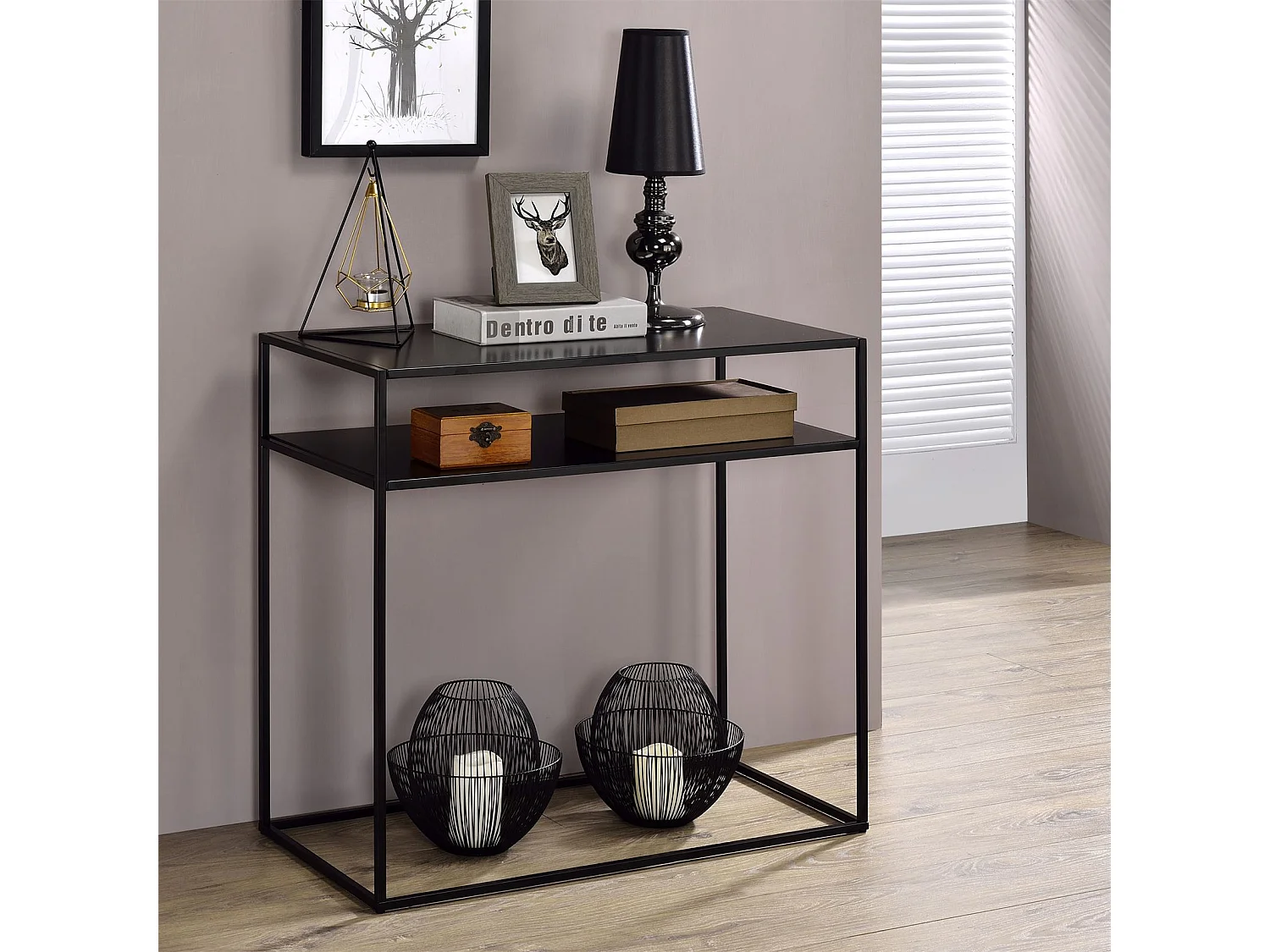 Table console GONZALO avec 2 étagères, table d'appoint avec cadre et plateau en métal laqué noir, table d'entrée dim 80x77x40 cm