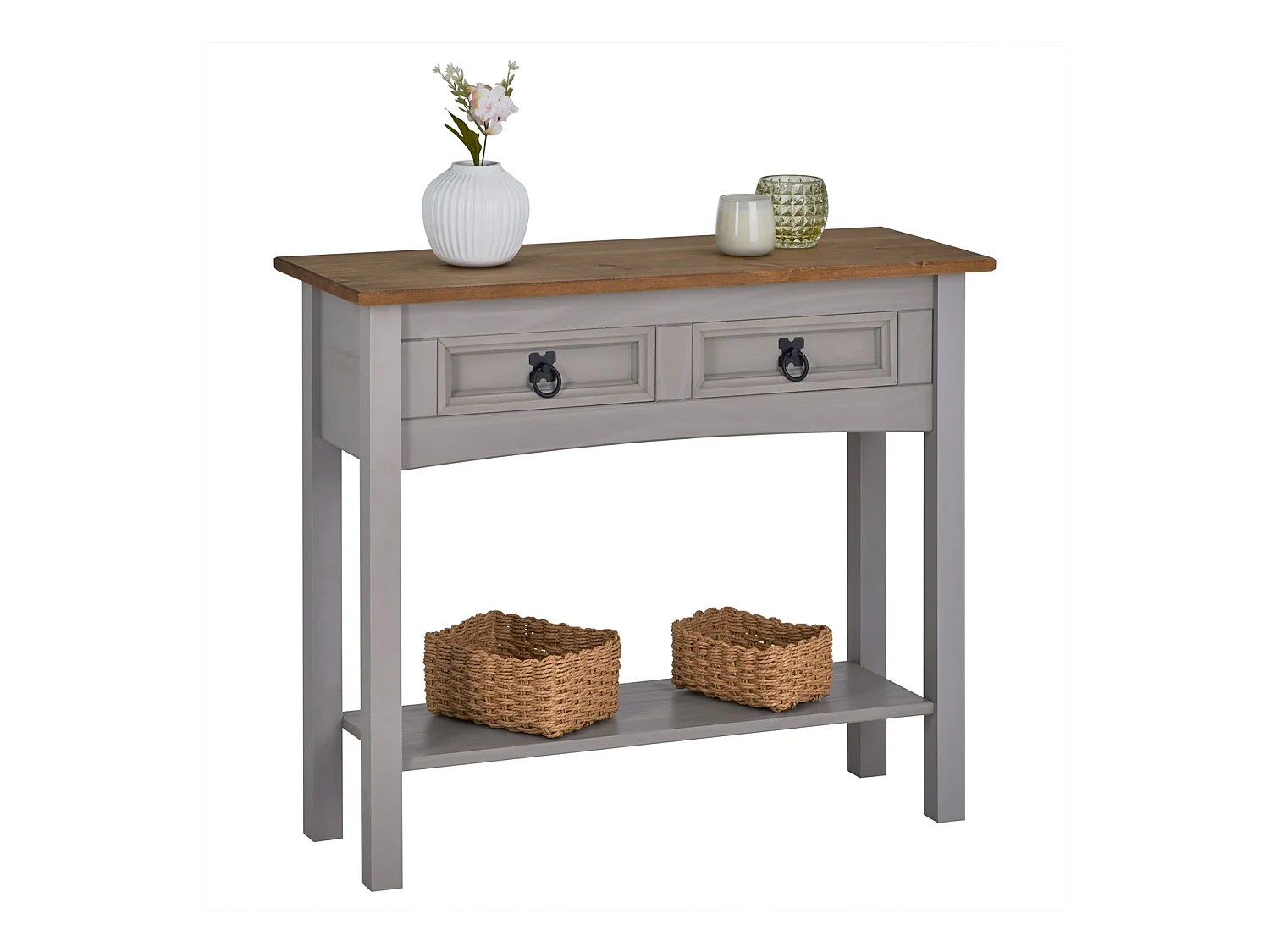 Table console RAMON table d'appoint rectangulaire en pin massif gris et brun avec 2 tiroirs, meuble d'entrée style mexicain en bois