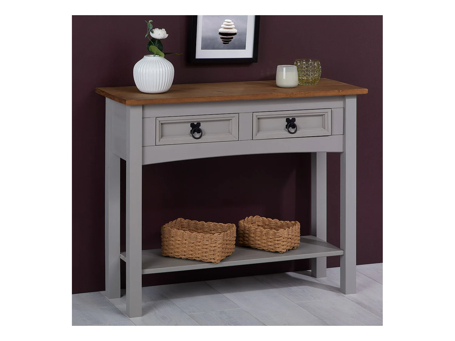 Table console RAMON table d'appoint rectangulaire en pin massif gris et brun avec 2 tiroirs, meuble d'entrée style mexicain en bois