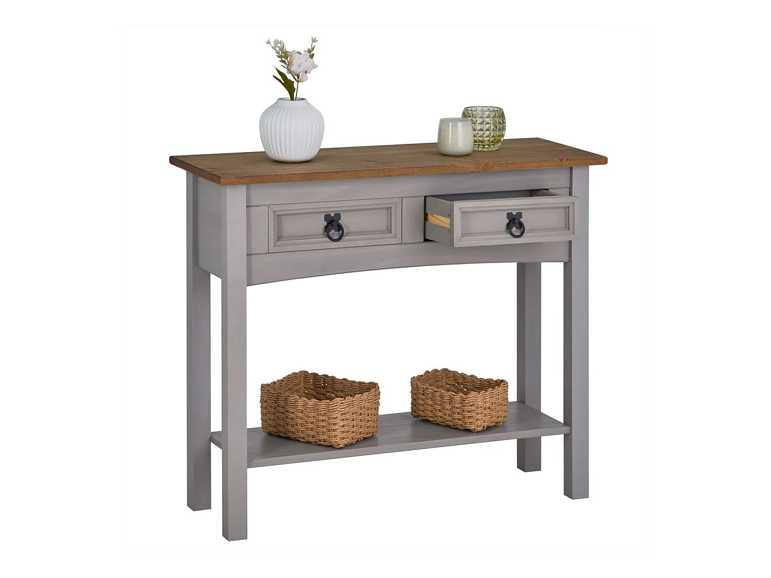 Table console RAMON table d'appoint rectangulaire en pin massif gris et brun avec 2 tiroirs, meuble d'entrée style mexicain en bois