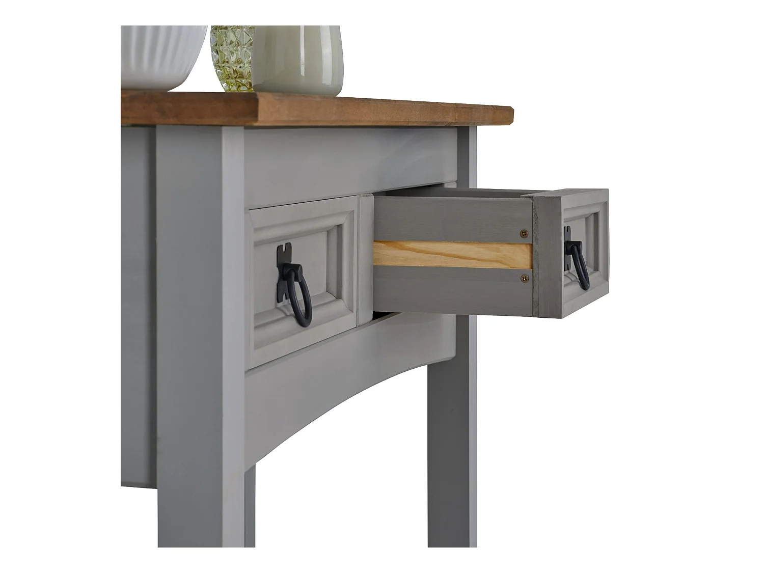 Table console RAMON table d'appoint rectangulaire en pin massif gris et brun avec 2 tiroirs, meuble d'entrée style mexicain en bois