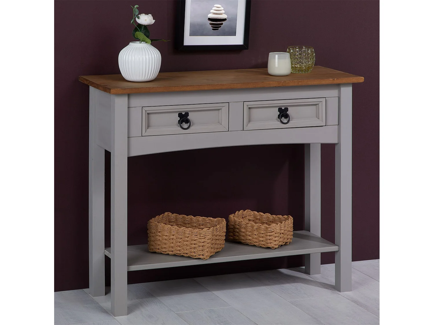 Table console RAMON table d'appoint rectangulaire en pin massif gris et brun avec 2 tiroirs, meuble d'entrée style mexicain en bois