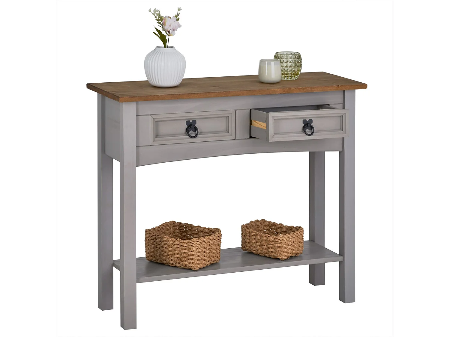 Table console RAMON table d'appoint rectangulaire en pin massif gris et brun avec 2 tiroirs, meuble d'entrée style mexicain en bois