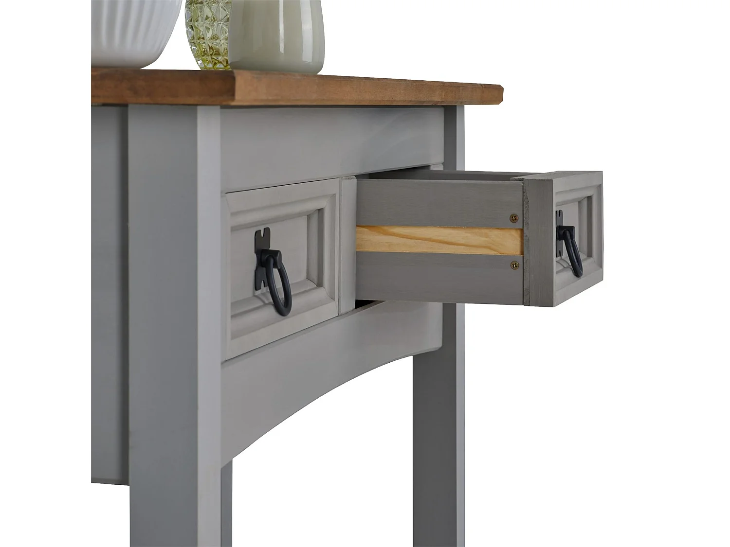 Table console RAMON table d'appoint rectangulaire en pin massif gris et brun avec 2 tiroirs, meuble d'entrée style mexicain en bois