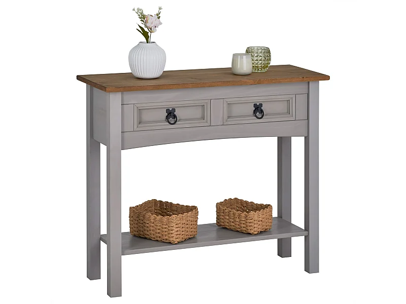 Table console RAMON table d'appoint rectangulaire en pin massif gris et brun avec 2 tiroirs, meuble d'entrée style mexicain en bois