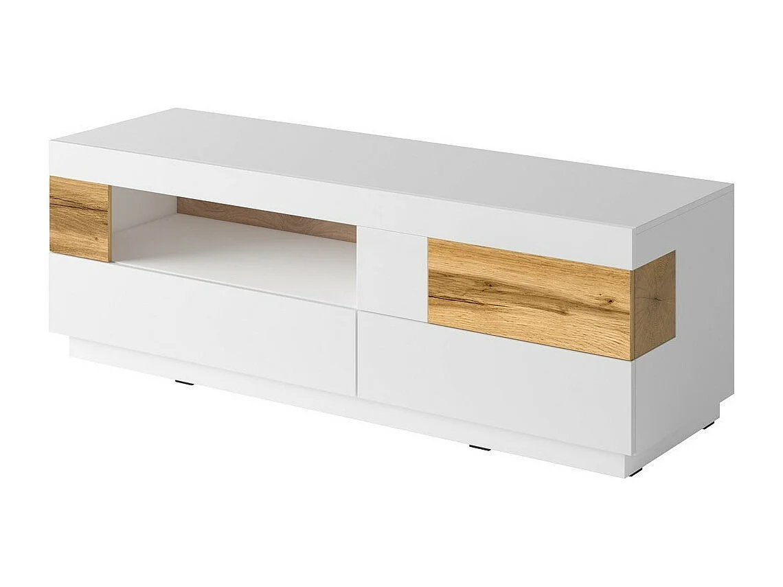 TV-Möbel 160 cm, Kollektion KILES. Farbe Weiß und Eiche. Designerstil. Integrierte LED.