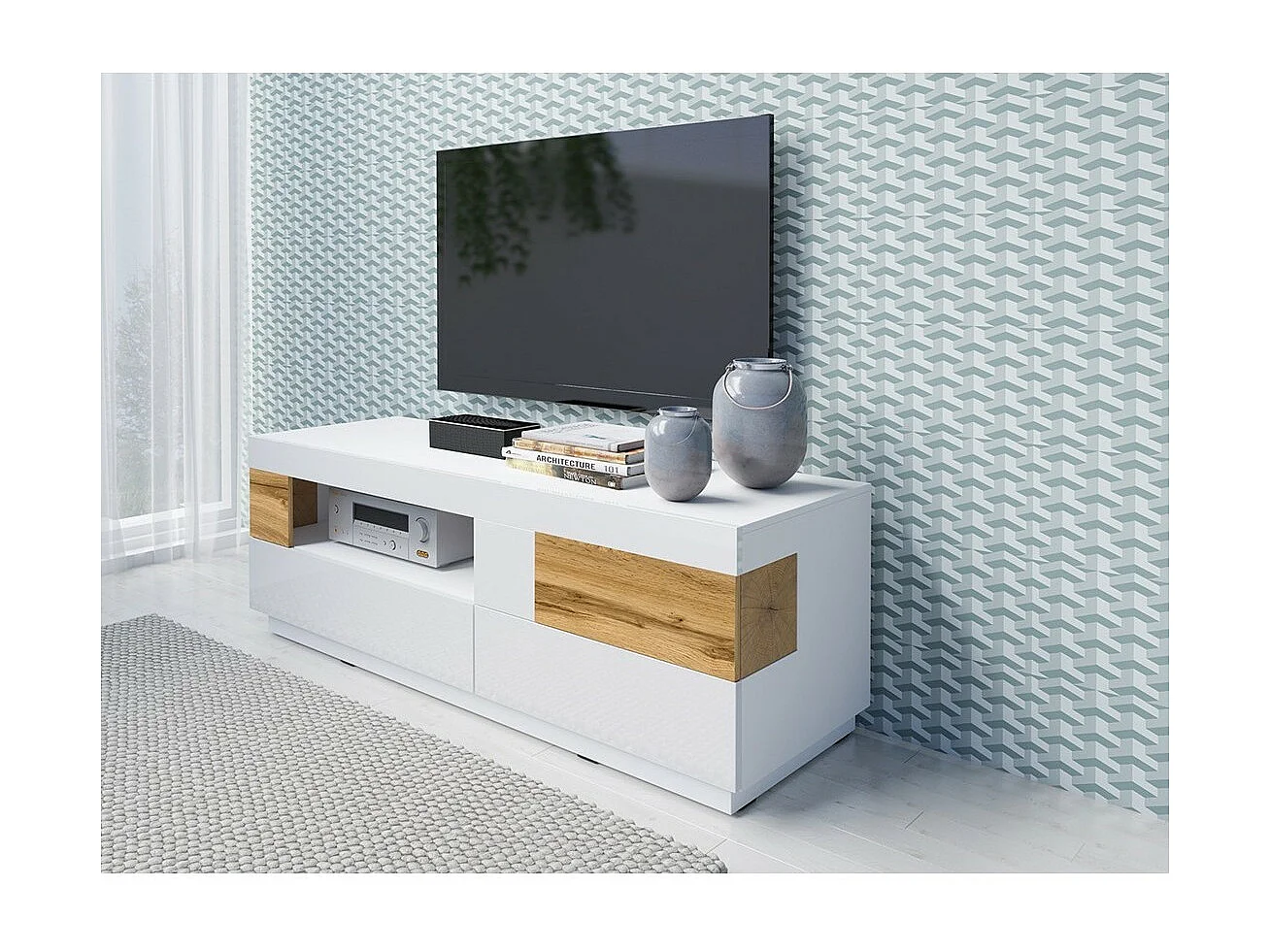 TV-Möbel 160 cm, Kollektion KILES. Farbe Weiß und Eiche. Designerstil. Integrierte LED.