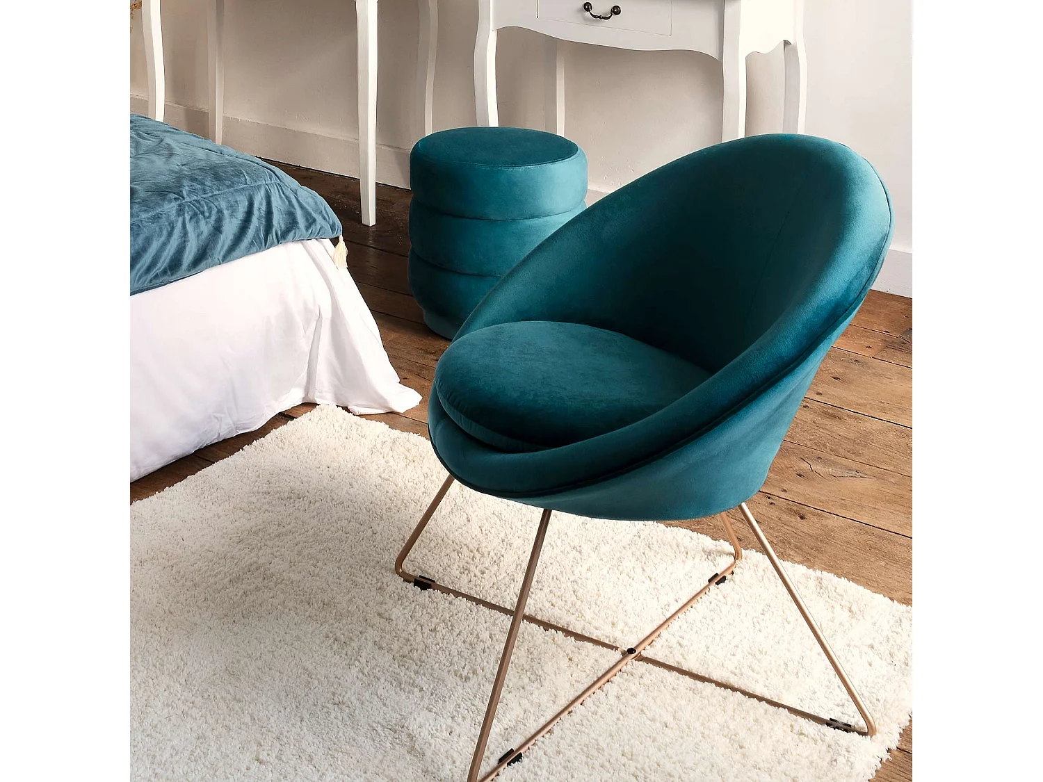 Pouf Velours Design "Sinan" 40cm Bleu Canard