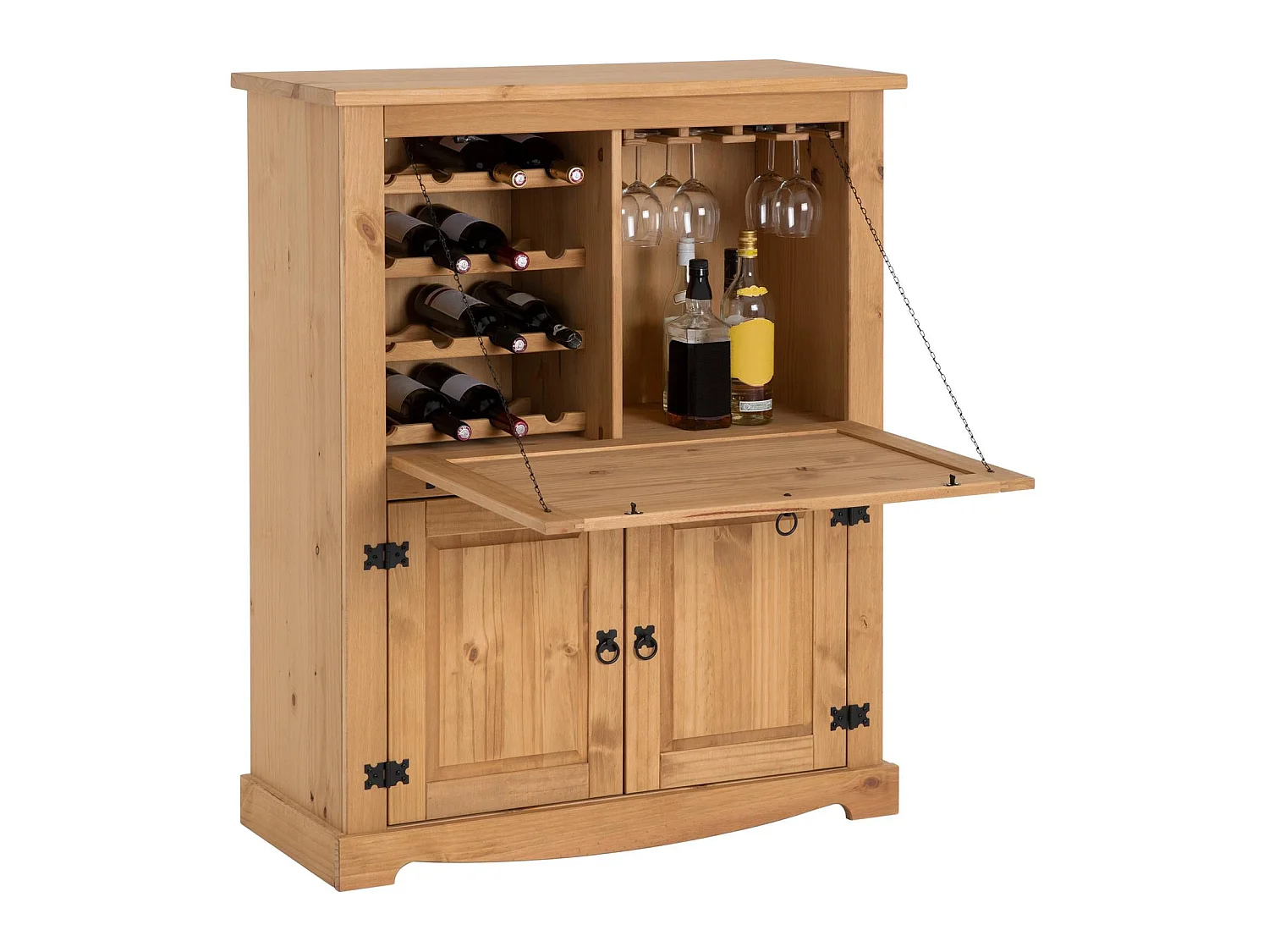 Meuble bar à vin TEQUILA armoire comptoir avec range bouteilles et range verres, bahut de style mexicain en pin massif teinté/ciré