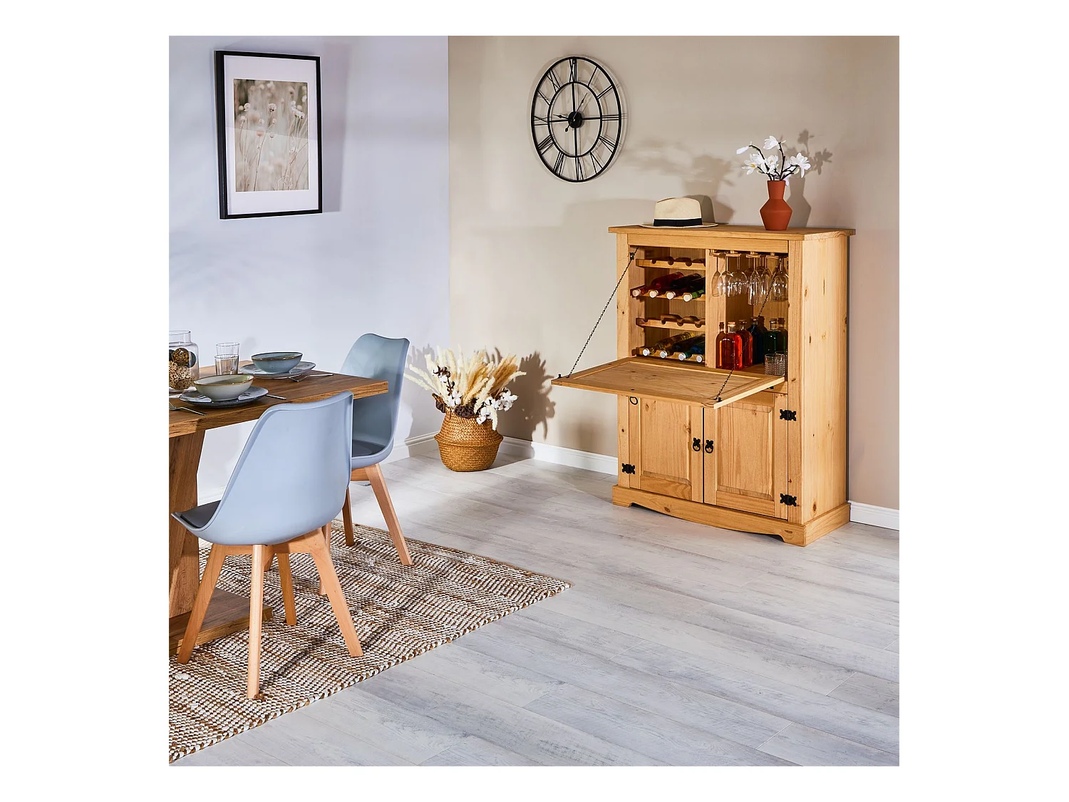 Meuble bar à vin TEQUILA armoire comptoir avec range bouteilles et range verres, bahut de style mexicain en pin massif teinté/ciré