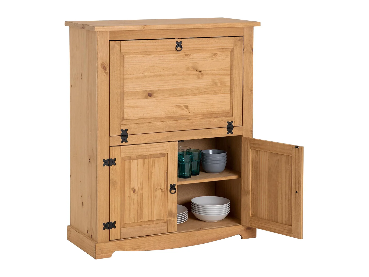 Meuble bar à vin TEQUILA armoire comptoir avec range bouteilles et range verres, bahut de style mexicain en pin massif teinté/ciré