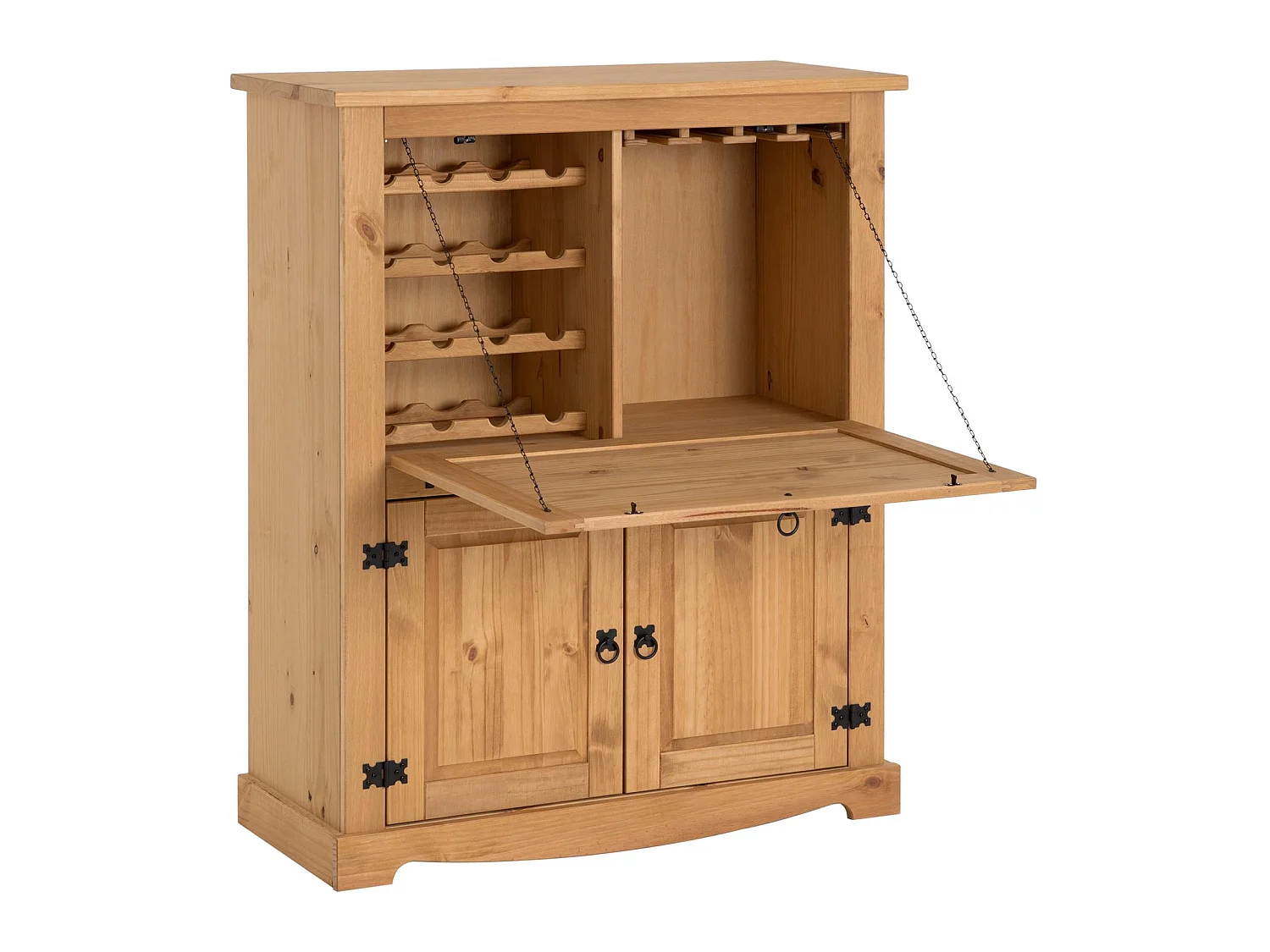 Meuble bar à vin TEQUILA armoire comptoir avec range bouteilles et range verres, bahut de style mexicain en pin massif teinté/ciré