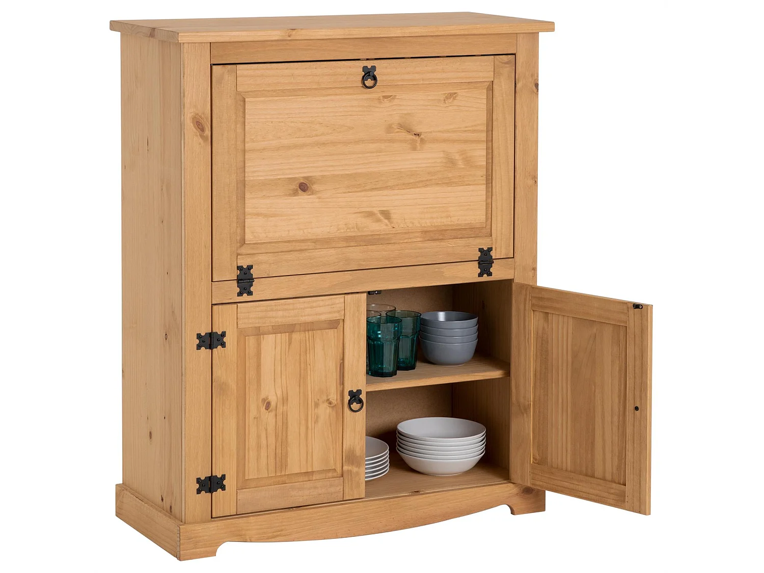 Meuble bar à vin TEQUILA armoire comptoir avec range bouteilles et range verres, bahut de style mexicain en pin massif teinté/ciré