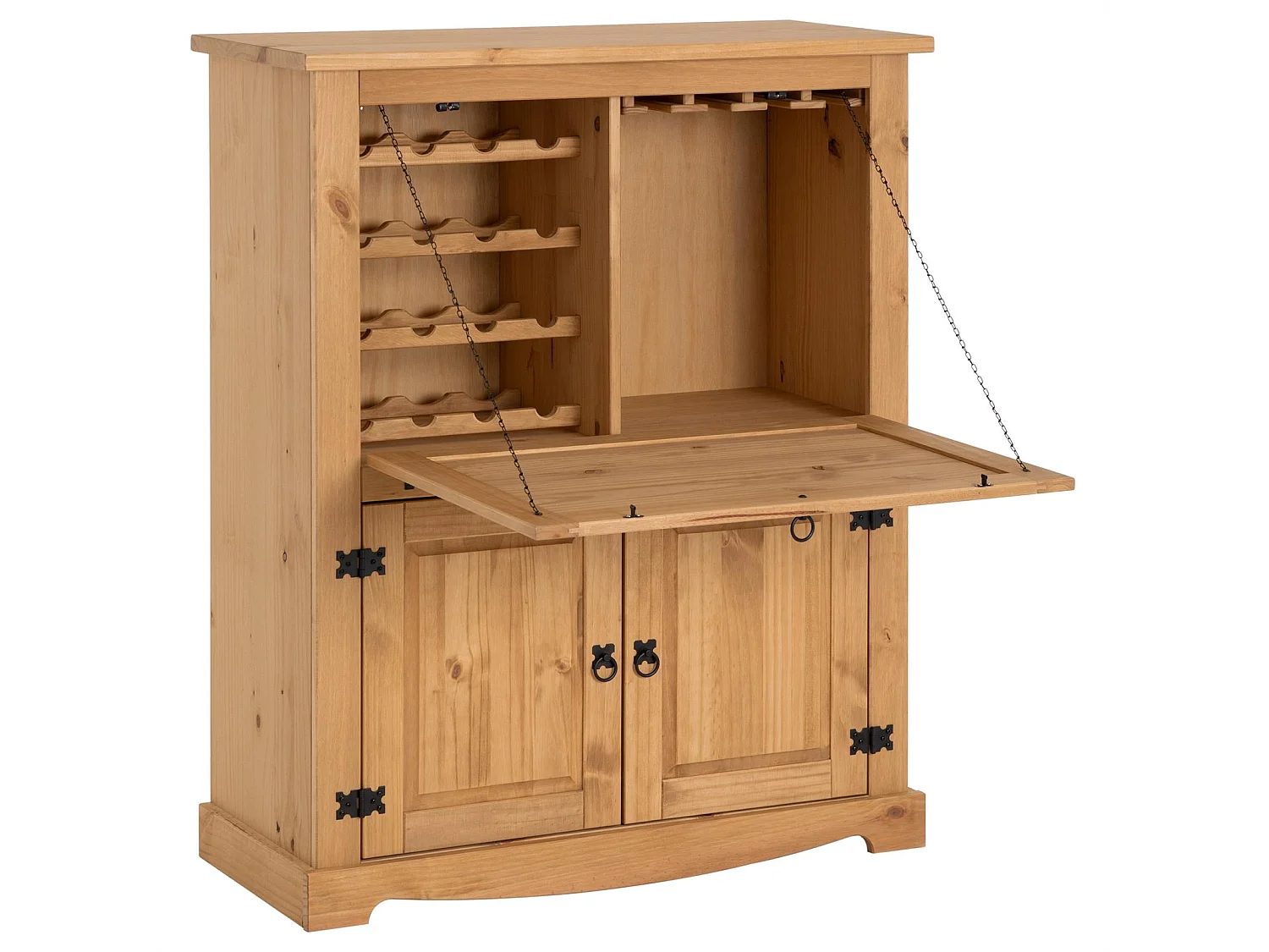 Meuble bar à vin TEQUILA armoire comptoir avec range bouteilles et range verres, bahut de style mexicain en pin massif teinté/ciré